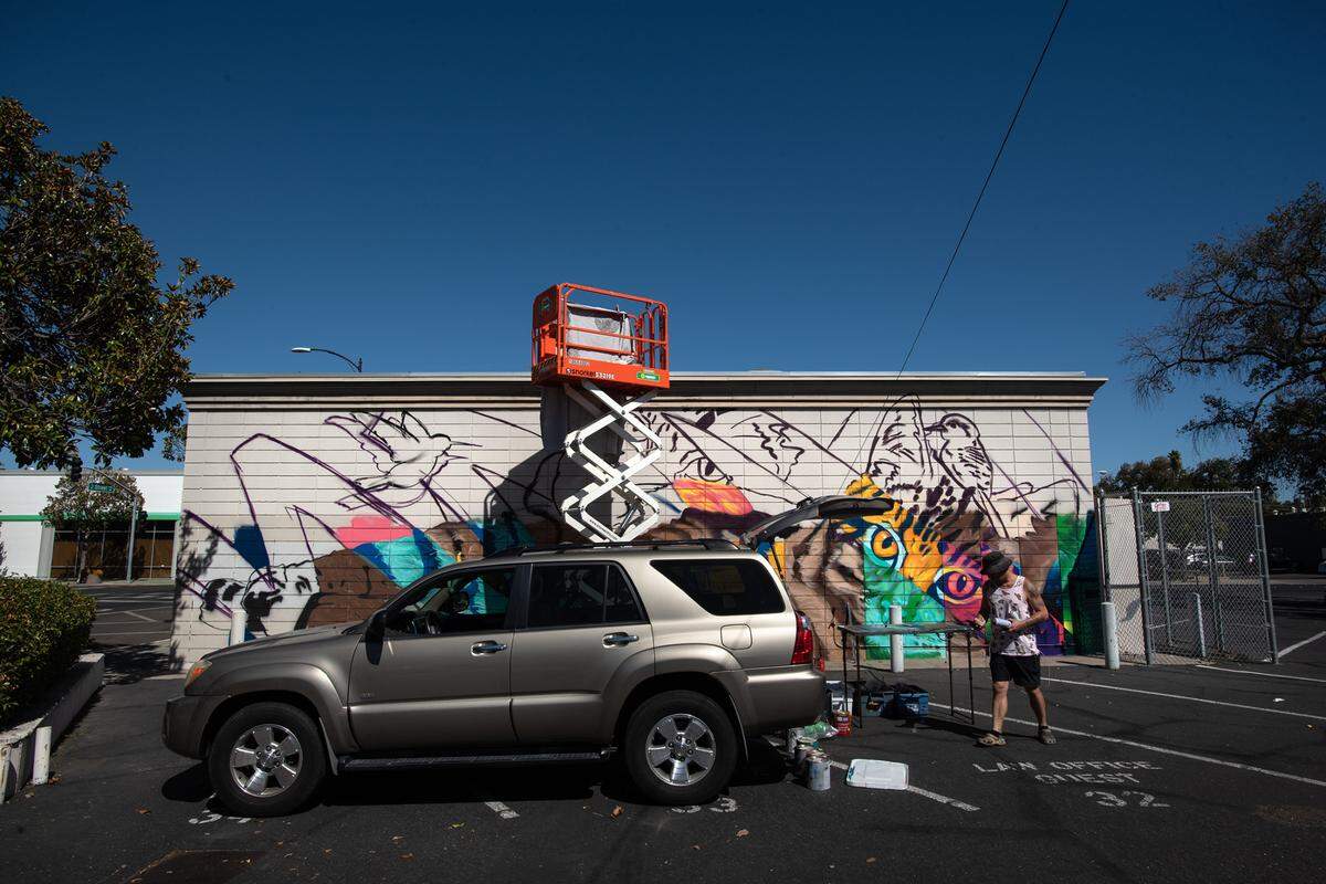 Muralist CAMER1sf works on a mural as part of the DoMo Walls Mural Festival at the Mayol & Barringer Law Offices, 1324 J St. in Modesto, Calif., on Wednesday, September 28, 2022. The festival concludes Oct. 7 during the season finale of DoMo First Fridays street fair.