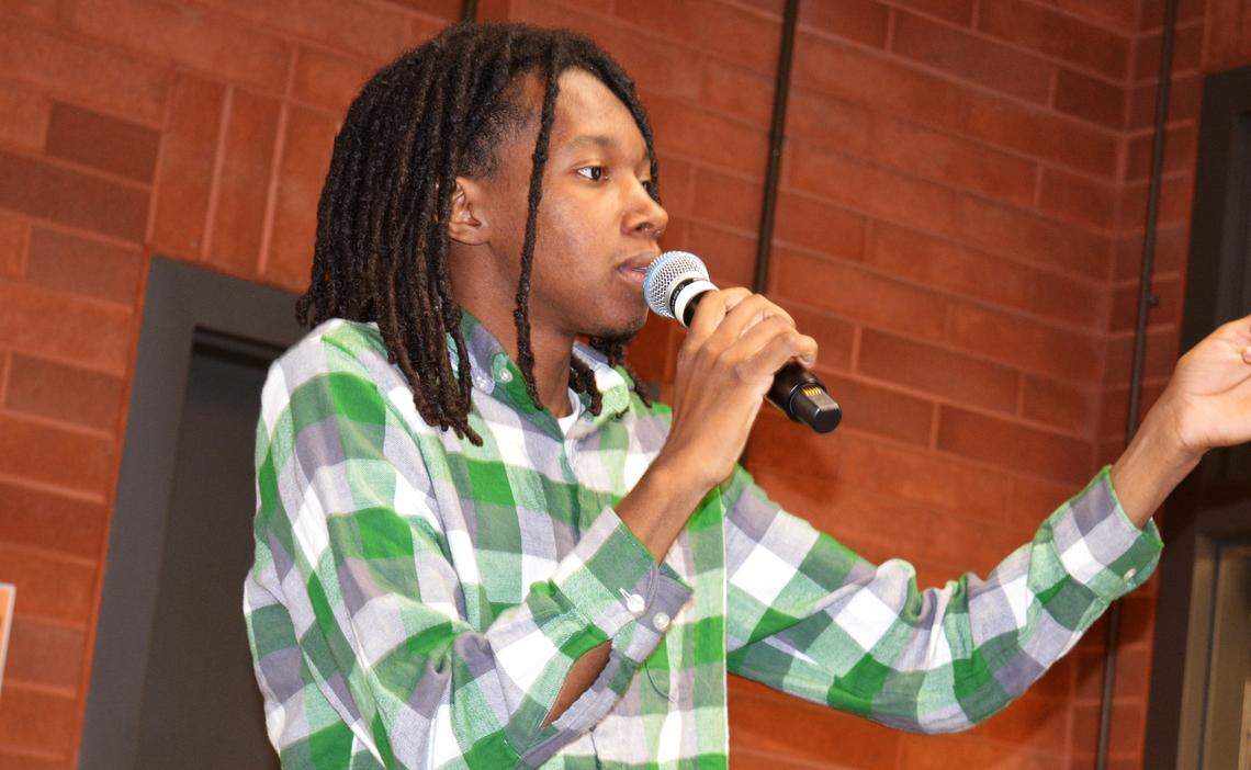 Student Kalvin Douglas talks about the history of segregated housing at Modesto Junior College on Oct. 23, 2023.