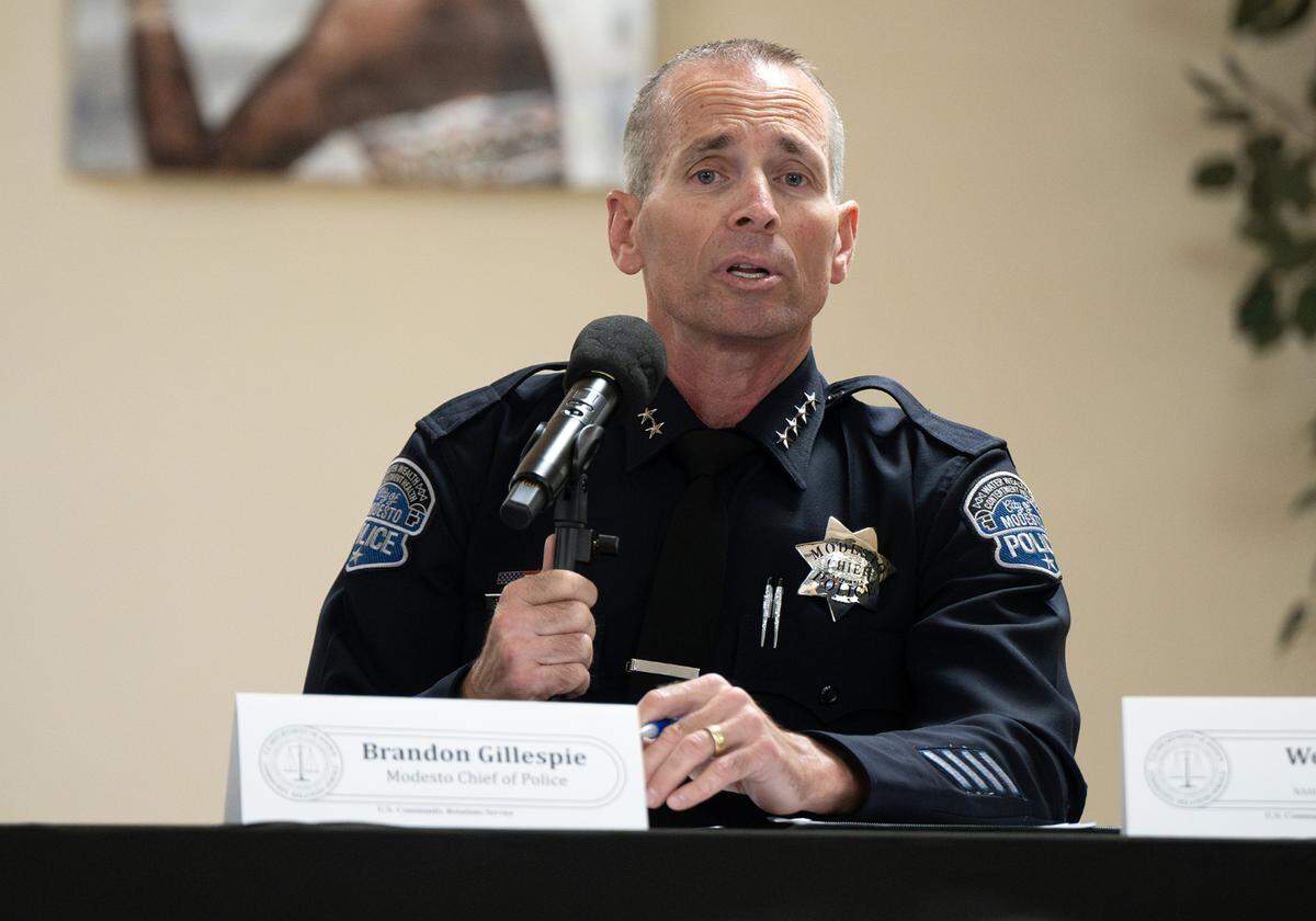 Modesto Police Chief Brandon Gillespie speaks on law enforcement “use of force” during a NAACP forum at the King-Kennedy Center in Modesto, Tuesday, Feb. 18, 2025.