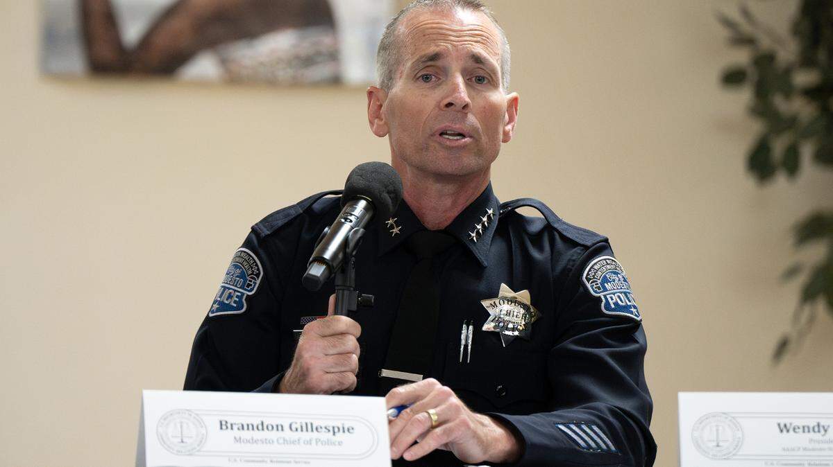 Modesto Police Chief Brandon Gillespie speaks on law enforcement “use of force” during a NAACP forum at the King-Kennedy Center in Modesto, Tuesday, Feb. 18, 2025.