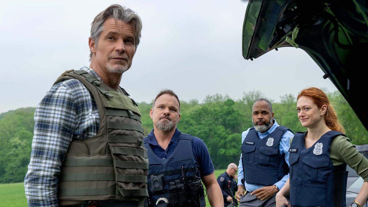 Timothy Olyphant, left, stars as Raylan Givens, along with Norbert Leo Butz as Norbert Bryl, Victor Williams as Wendell Robinson and Marin Ireland as Maureen Downey in “Justified: City Primeval.”