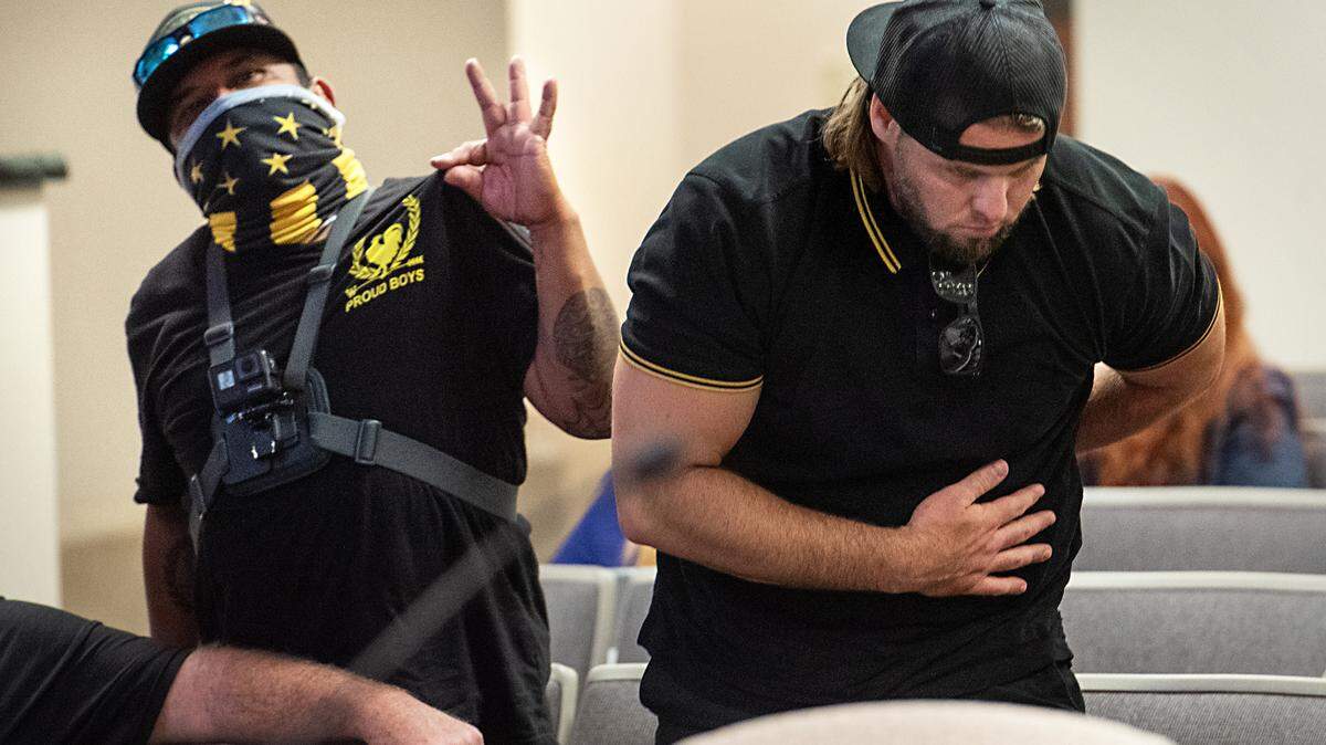 Proud Boys at a Modesto City Council meeting in June 2021.