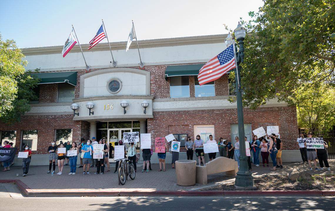 A group of protesters gathered during an abortion rights rally outside Turlock City Hall in Turlock, Calif., on Tuesday, June, 28, 2022.