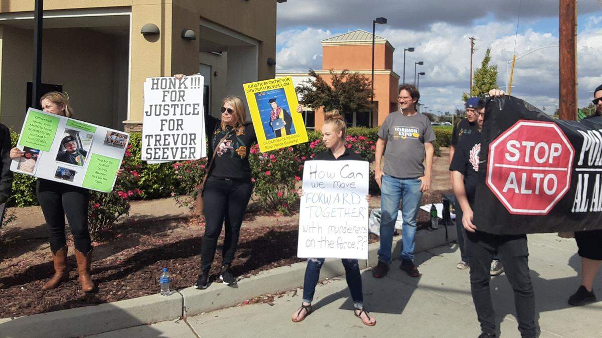 Family members, friends and advocates of police reform protested Saturday, Oct. 22, 2022, at McHenry and Briggsmore avenues over the July 14 fatal shooting of Paul Chavez by Modesto police, as well as others who have died at the hands of law enforcement in the region.
