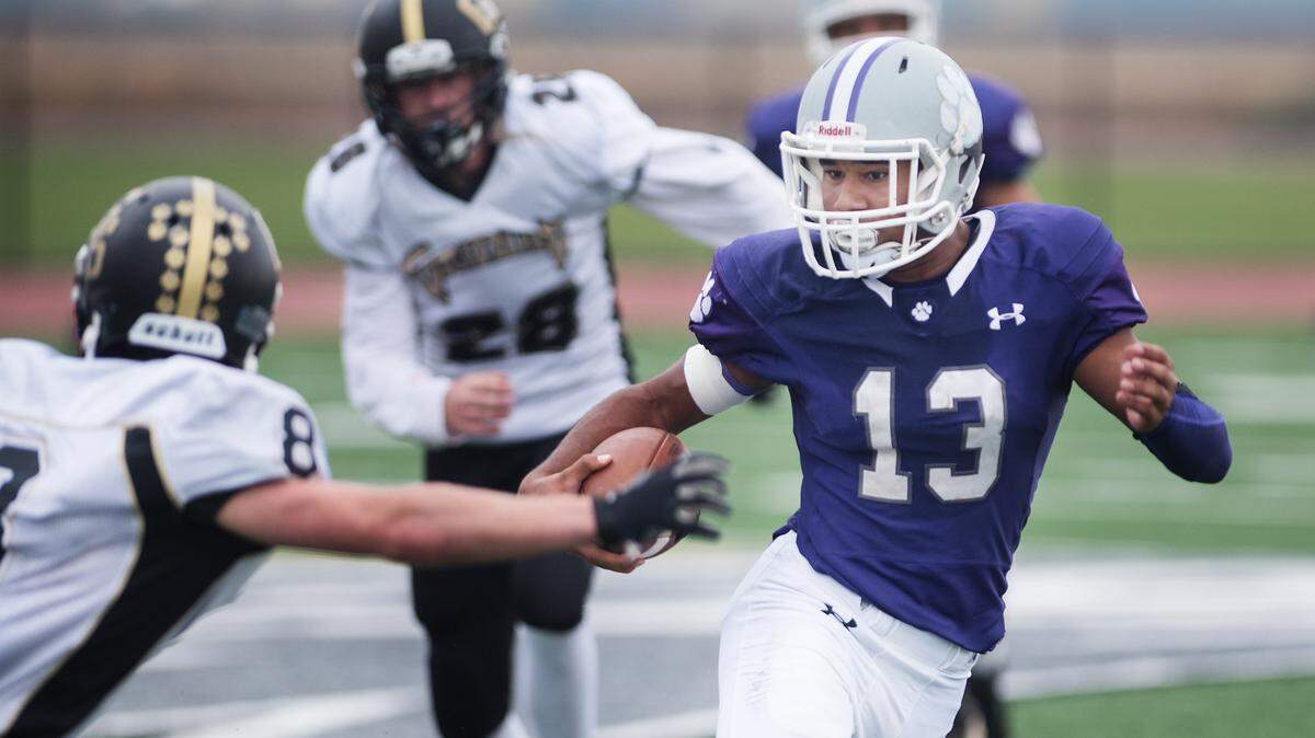 Denair’s Steffin Winston runs the ball during the Sac-Joaquin Section Div. VII final victory over Golden State at Liberty Ranch High School in Galt, Calif., Saturday, Nov. 24, 2018. Denair won the game 43-21.