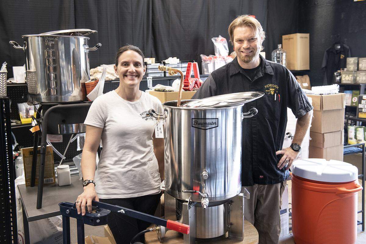 Luke and Megan Henslick owners of Renegade Brewing Supplies in Modesto, Calif., on Wednesday, Feb. 26, 2020.