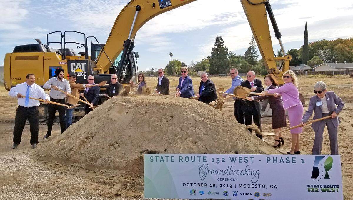 State and local officials break ground for the rerouting of part of Highway 132 west from Modesto, Calif. on Friday, Oct. 18, 2019.