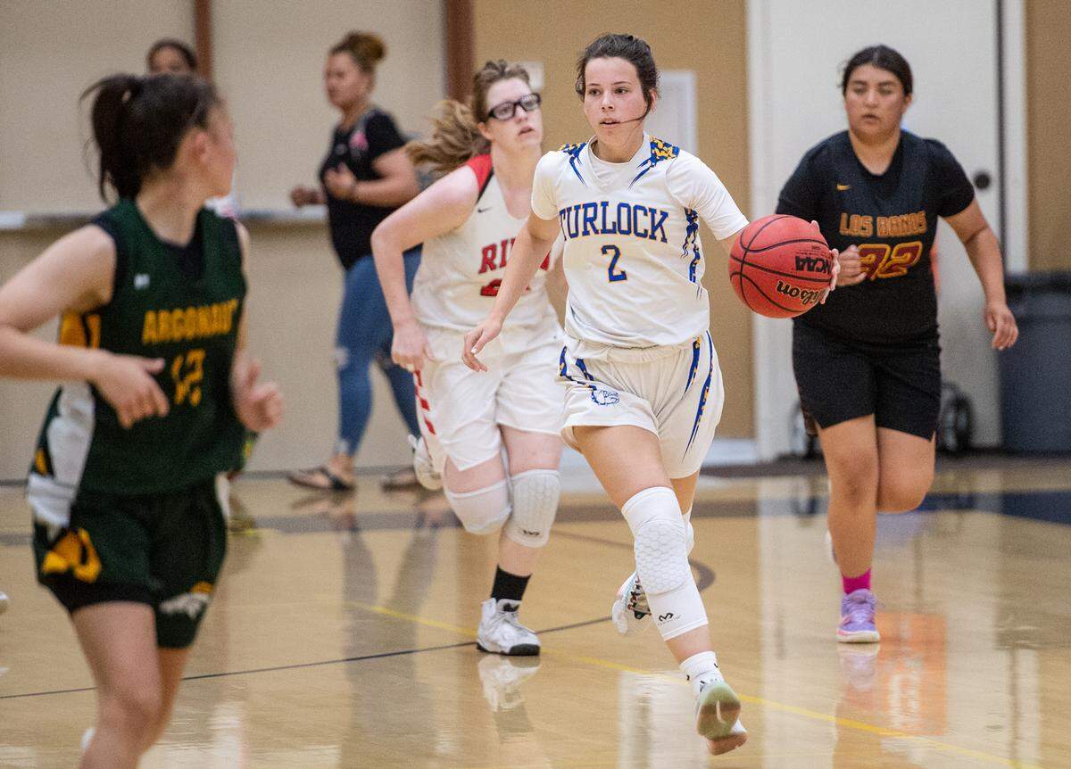 Turlock’s Kodi Nairn advances the ball during the Six-County Senior All-Star Basketball Game at Gregori High School in Salida, Friday, May 6, 2022.