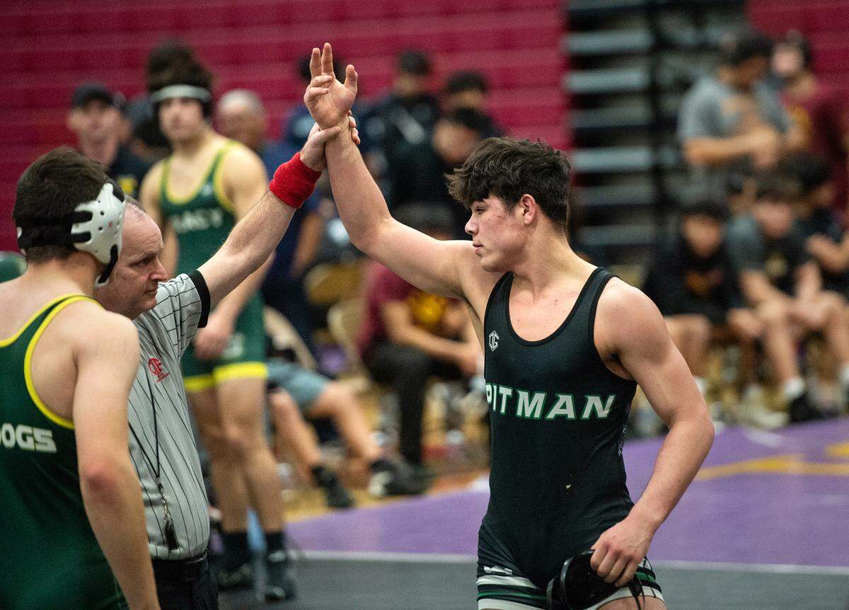 Pitman’s Mason Ontiveros won his match during D2 team final in the Sac-Joaquin Section wrestling championships at Lincoln High School in Stockton, Calif., Saturday, Jan. 28, 2023.