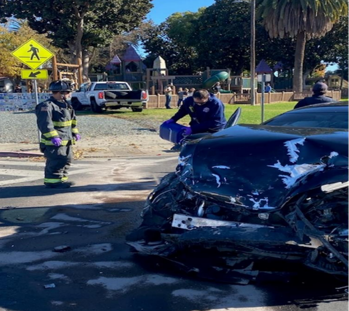 The aftermath of a collision that happened during a police pursuit near Dorada Park in Oakdale on Sunday, Nov. 24, 2024. A white pickup truck damaged a tiled wall with school children’s art. The wall of was of historic significance, according to the City of Oakdale.
