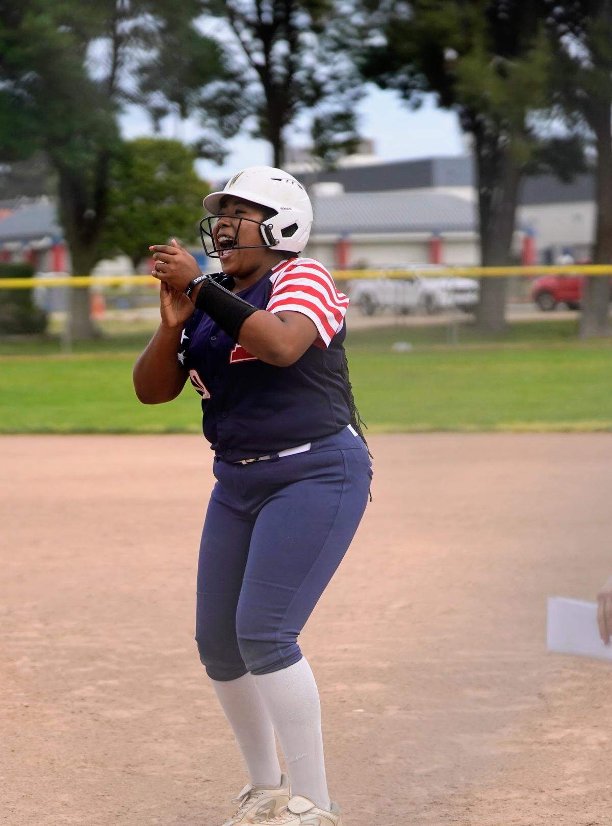 Beyer’s Destiny Pitts celebrates after driving in two runs during a Western Athletic Conference game against Livingston at Beyer Community Park on Friday, April 25, 2025.