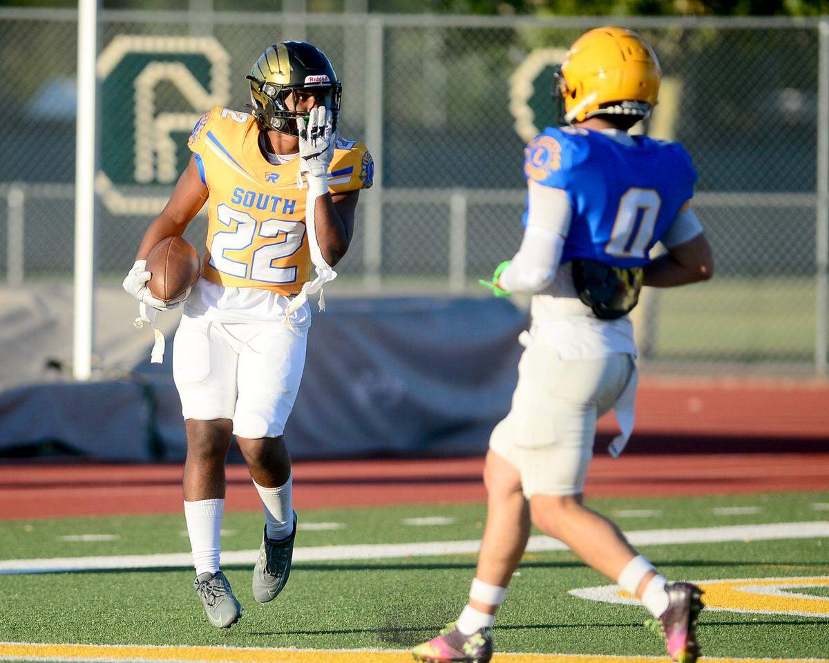 Enochs running back Aiden Muhammad (22) celebrates a touchdown during the 2024 Lions All-Star High School Football game at Tracy High School in Tracy, Calif. on June 22, 2024.