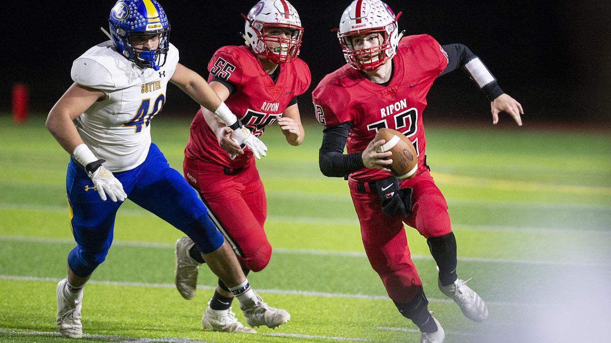 Ripon’s Nico Ilardi runs the ball during the CIF State Division 4-AA NorCal Championship game with Sutter at Downey High School in Modesto, Calif., Friday, Dec. 6, 2019.