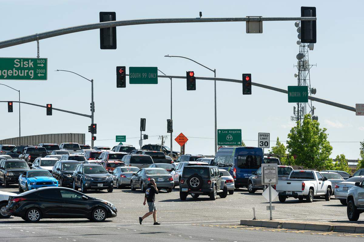 Briggsmore Avenue interchange with Sisk Road, Highway 99 and Orangeburg Avenue in Modesto, Calif., on Monday, April 4, 2022.