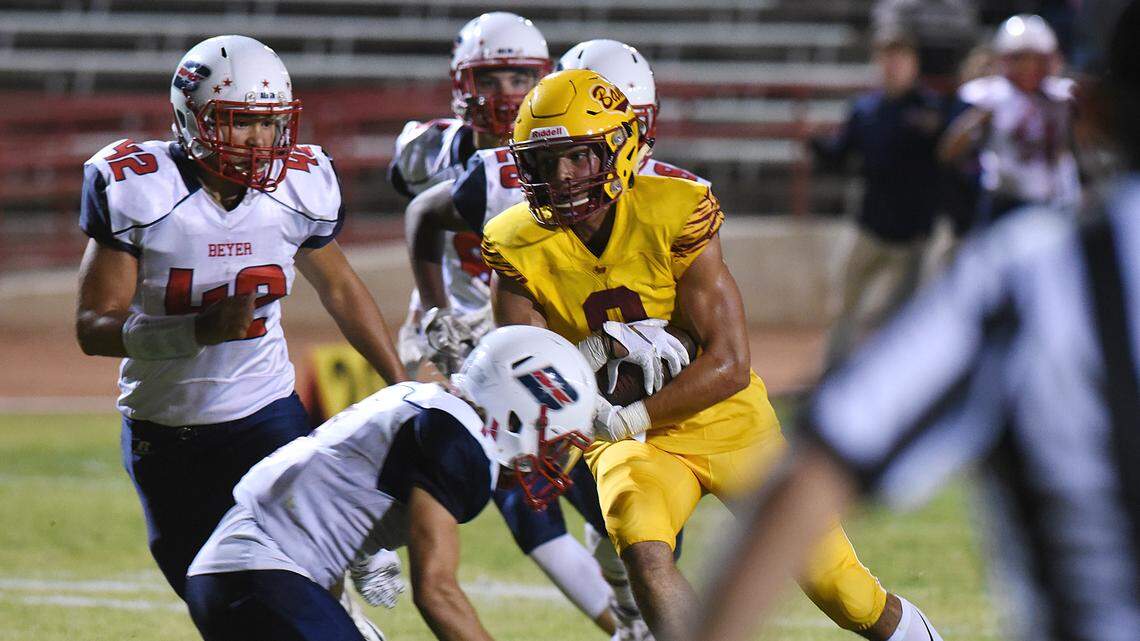 Los Banos receiver, Landon Ramos, right, was stopped on the goal line by a Beyer High defender with no time remaining on the clock Friday night, Sept. 20, 2019 at Loftin Stadium in Los Banos to end the game. Beyer defeated Los Banos 14-7.
