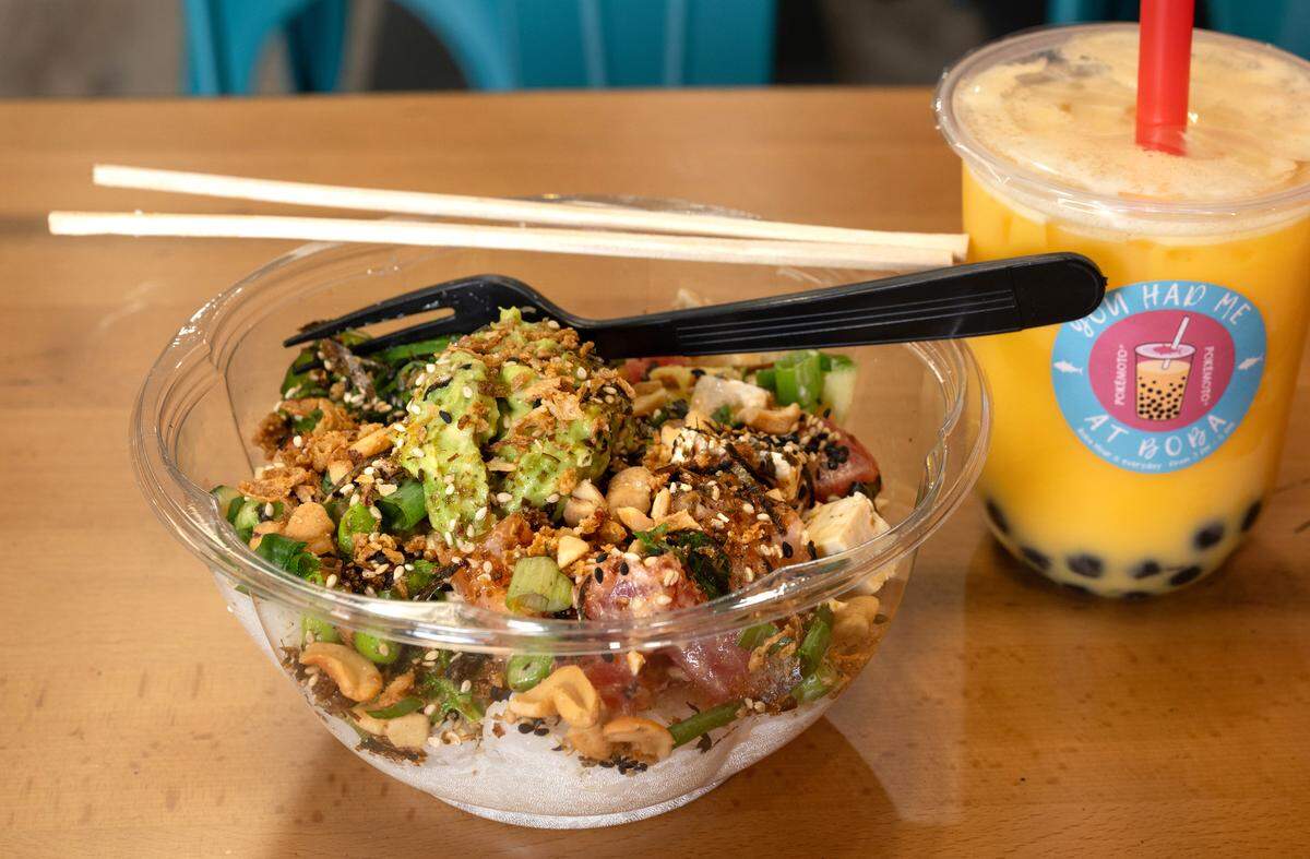 Three protein poke bowl at Pokémoto Hawaiian Poké restaurant in Village One Plaza in Modesto, Friday, March 28, 2025.