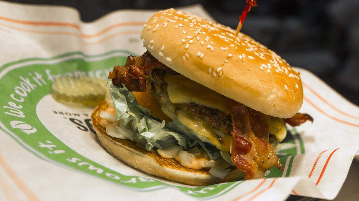 A bacon cheeseburger is pictured at Farmer Boys in Modesto, Calif.