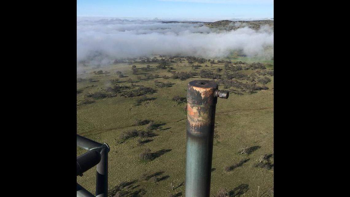 The damage from a lightning strike to the KHOP radio station transmitter tower outside of Jamestown, Calif. is pictured.