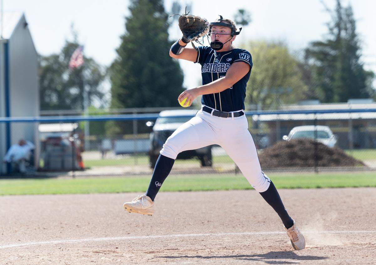 Central Catholic pitcher Randi Roelling had 14 strikeouts to lead Raiders to a 6-0 shutout of Oakdale in the Valley Oak League game at Central Catholic High School in Modesto, Calif., Tuesday, April 25, 2023.