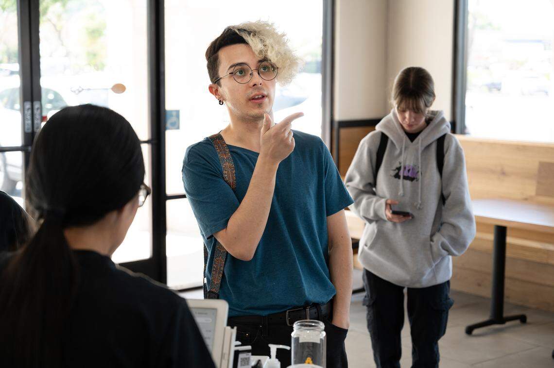 Brandon Nunes orders a drink at Teaspoon cafe in Modesto, Calif., Tuesday, April 9, 2024.