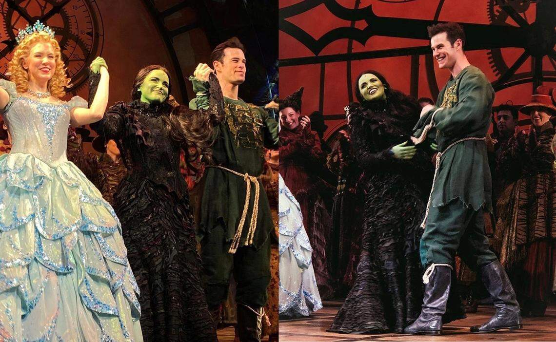 Modesto native Lindsay Pearce (in costume as Elphaba) with castmates at curtain call on her opening night in the Broadway musical “Wicked” Feb. 25, 2020 in New York, NY.