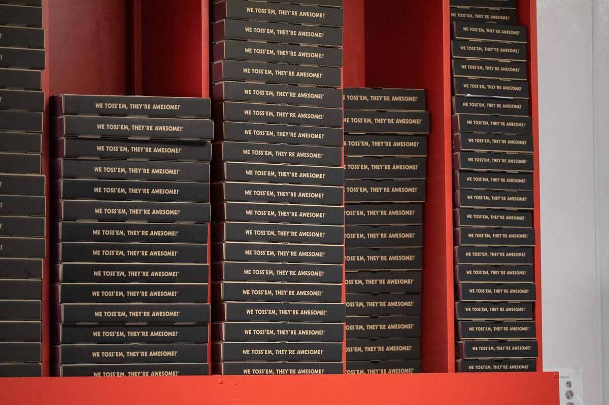 Pizza boxes at Pizza Factory in Turlock, Calif., Tuesday, Oct. 17, 2023.