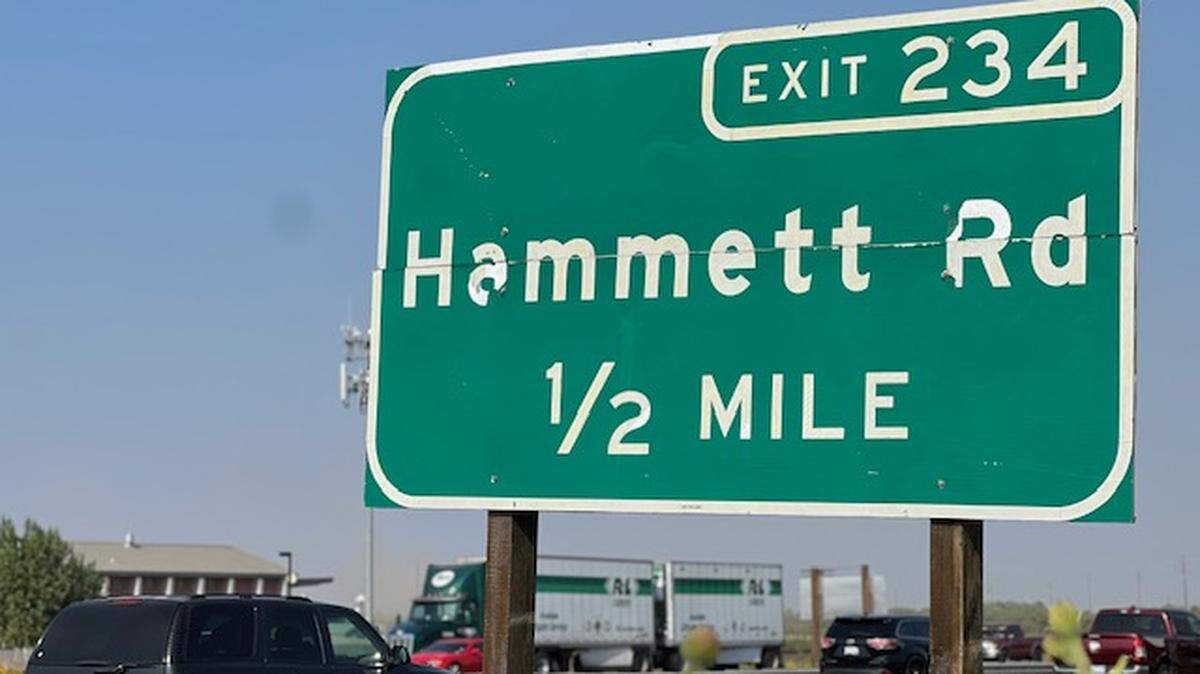 The Hammett Road exit sign in Stanislaus County.