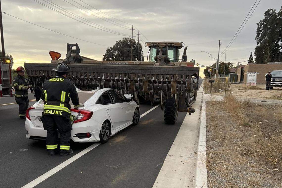 The driver of the Honda Civic escaped serious injury in this crash that occurred Thursday morning on McHenry Avenue north of Modesto.