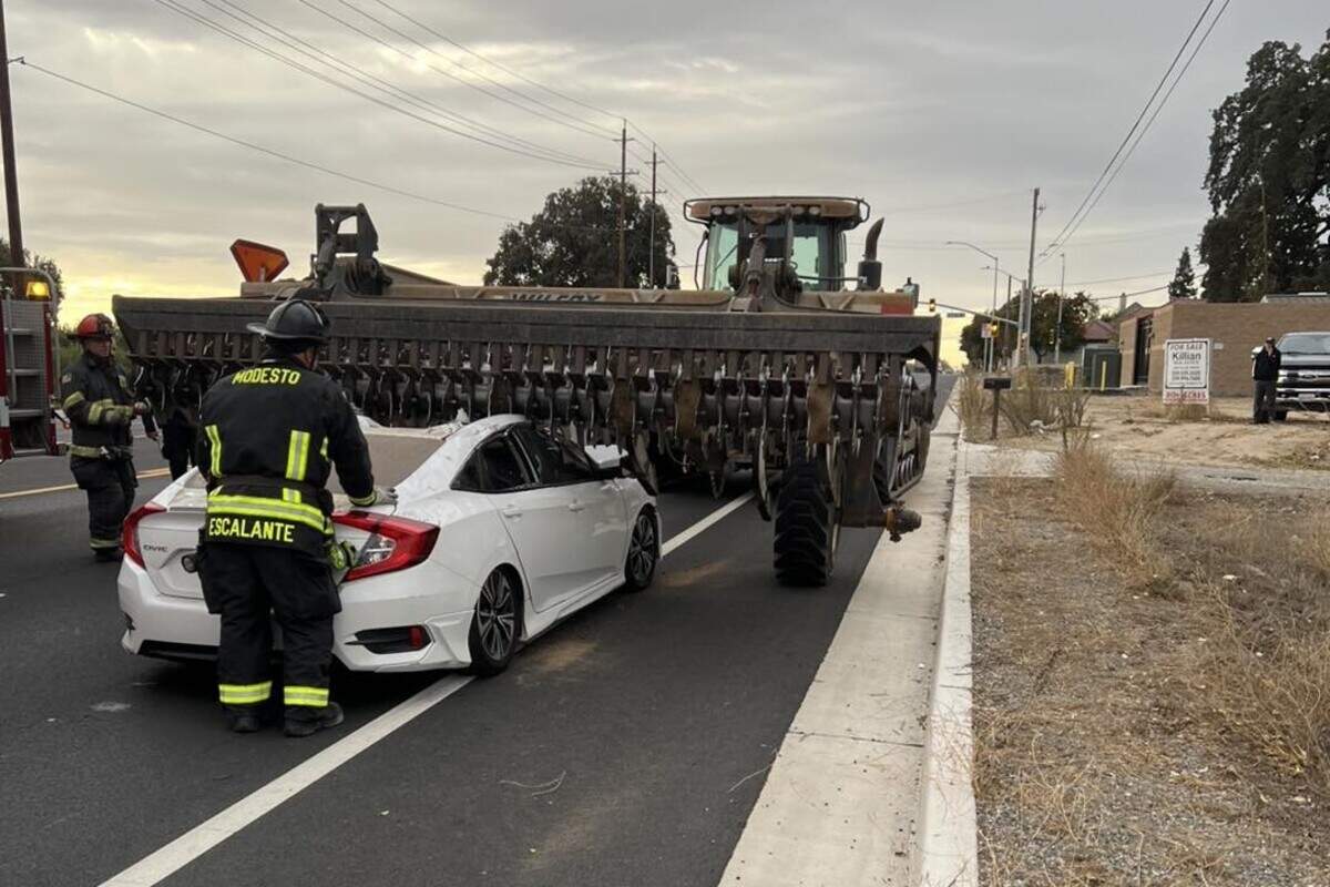 The driver of the Honda Civic escaped serious injury in this crash that occurred Thursday morning on McHenry Avenue north of Modesto.