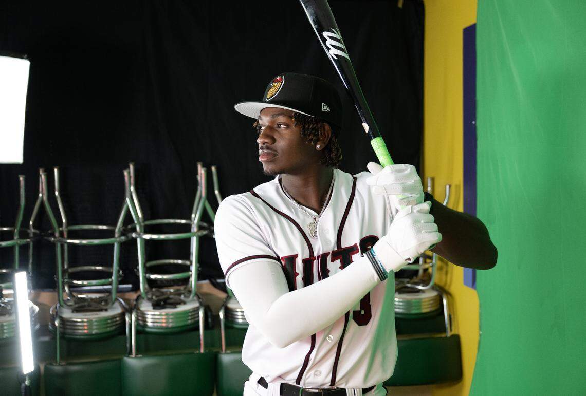 Shortstop Felnin Celesten poses for pictures during Modesto Nuts media day at John Thurman Field in Modesto, Friday, April 1, 2025.