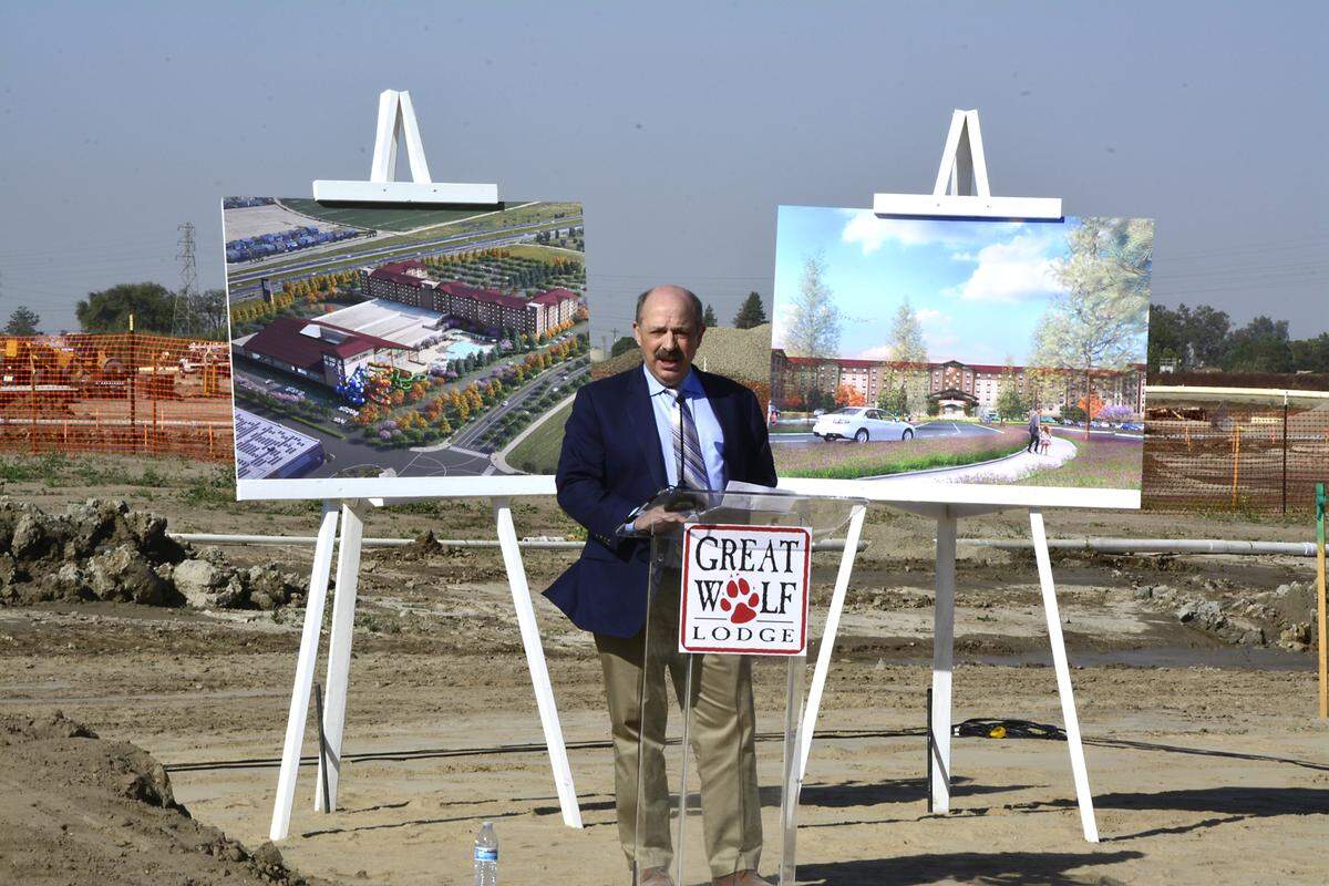 The groundbreaking ceremony for the Great Wolf Lodge in Manteca, Calif. was held Nov. 8, 2018. Steven Jacobsen, Great Wolf Resorts Vice President of Domestic Development, speaking in front of renderings of the new water park resort. 