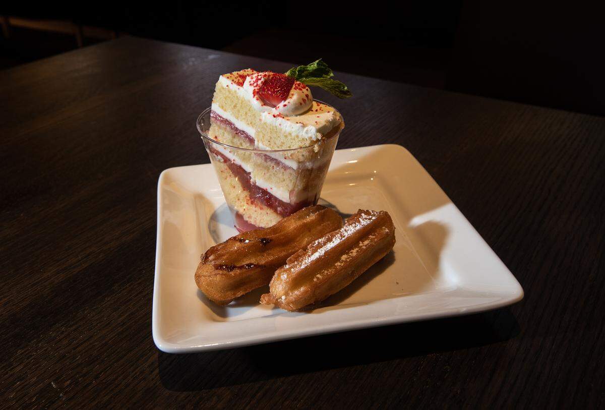 Strawberry shortcake and stuffed cinnamon sugar churros are dessert options at Dave & Buster’s entertainment center and restaurant at Vintage Faire Mall in Modesto, Calif., on Thursday, June 2, 2022.