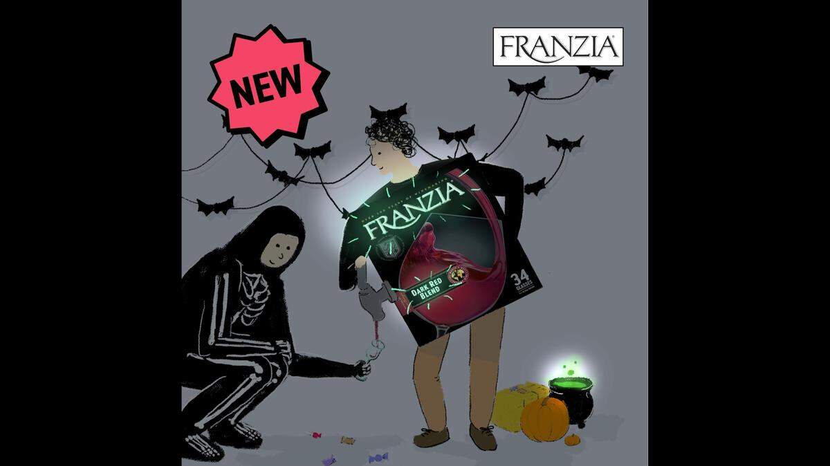 Fans of Franzia Wine, made near Ripon CA, can dress up for Halloween in boxed wine costumes sold online in October 2021.