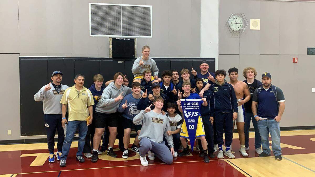 Turlock High won the school’s first wrestling team title at the Sac-Joaquin Section Team Duals Wrestling Championship at Natomas High School in Sacramento on Saturday, Jan. 29, 2022.