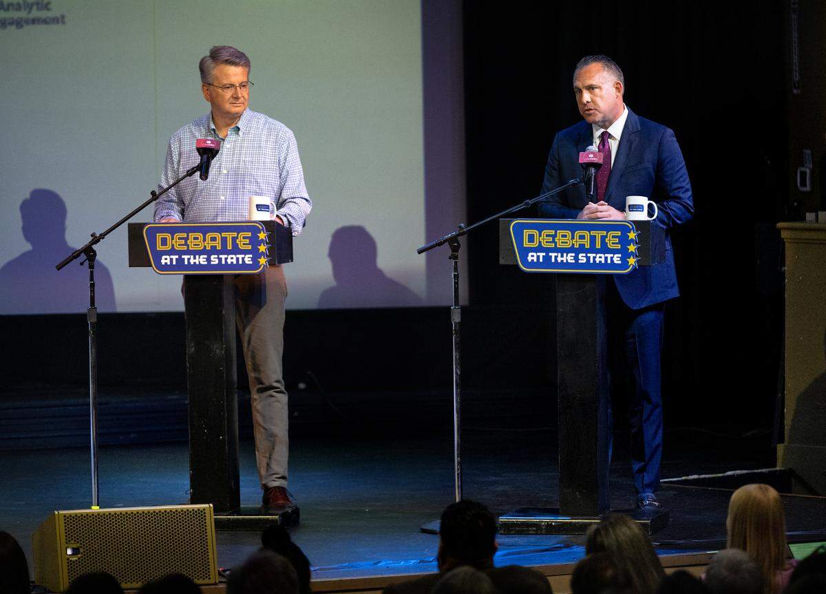 Candidates John Duarte, left, and Adam Gray squared off during the California Congressional District 13 debate at the State Theatre in Modesto, Friday, Oct. 25, 2024.