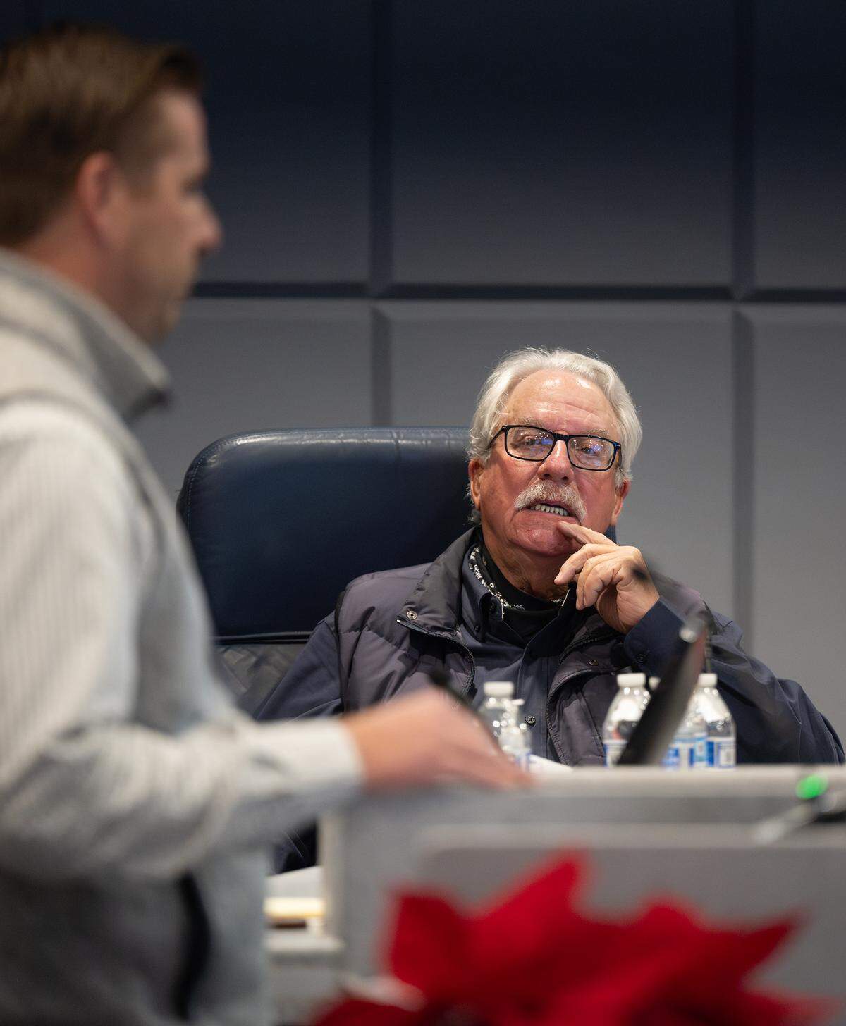 Board member Larry Byrd listens to a report on water usage on his farm during the Modesto Irrigation District board meeting  Tuesday, Dec. 16, 2025. 