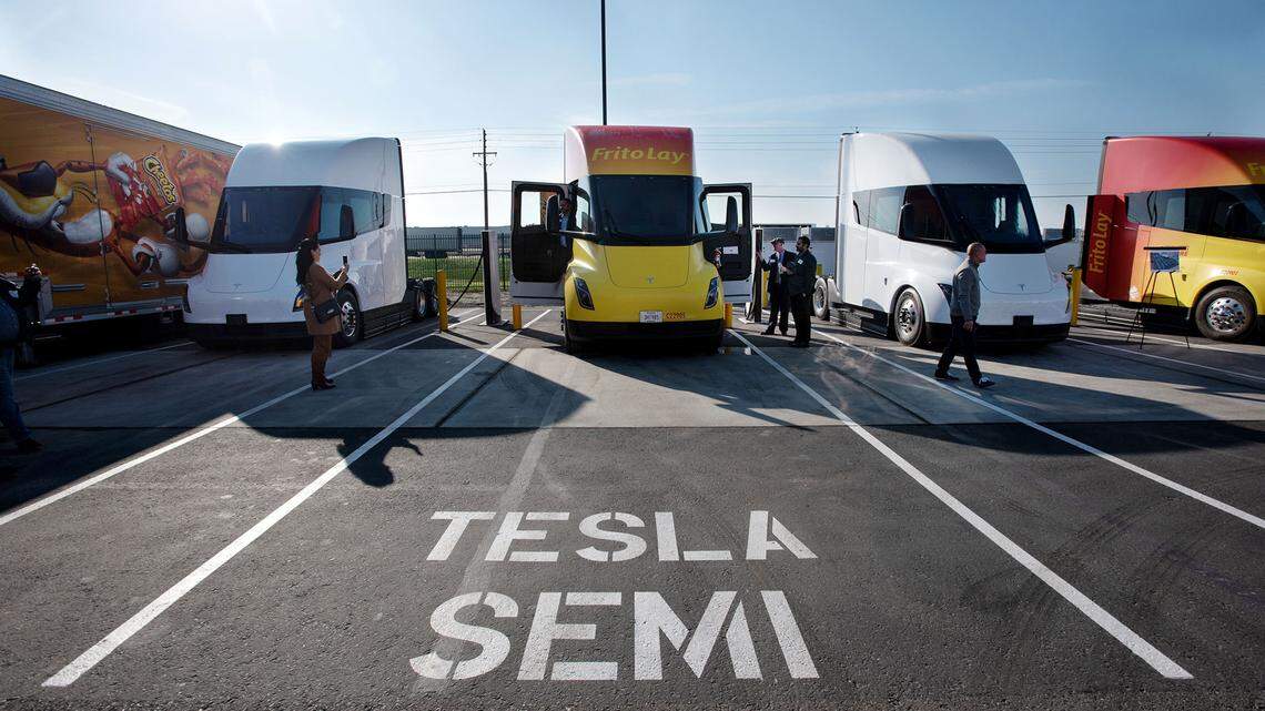 Tesla semi trucks recharge at a charging station at the Frito-Lay production facility in Modesto. Frito-Lay introduced the Tesla semi trucks and the company’s other zero or near-zero emissions vehicles as part of its sustainability project at their Modesto plant.