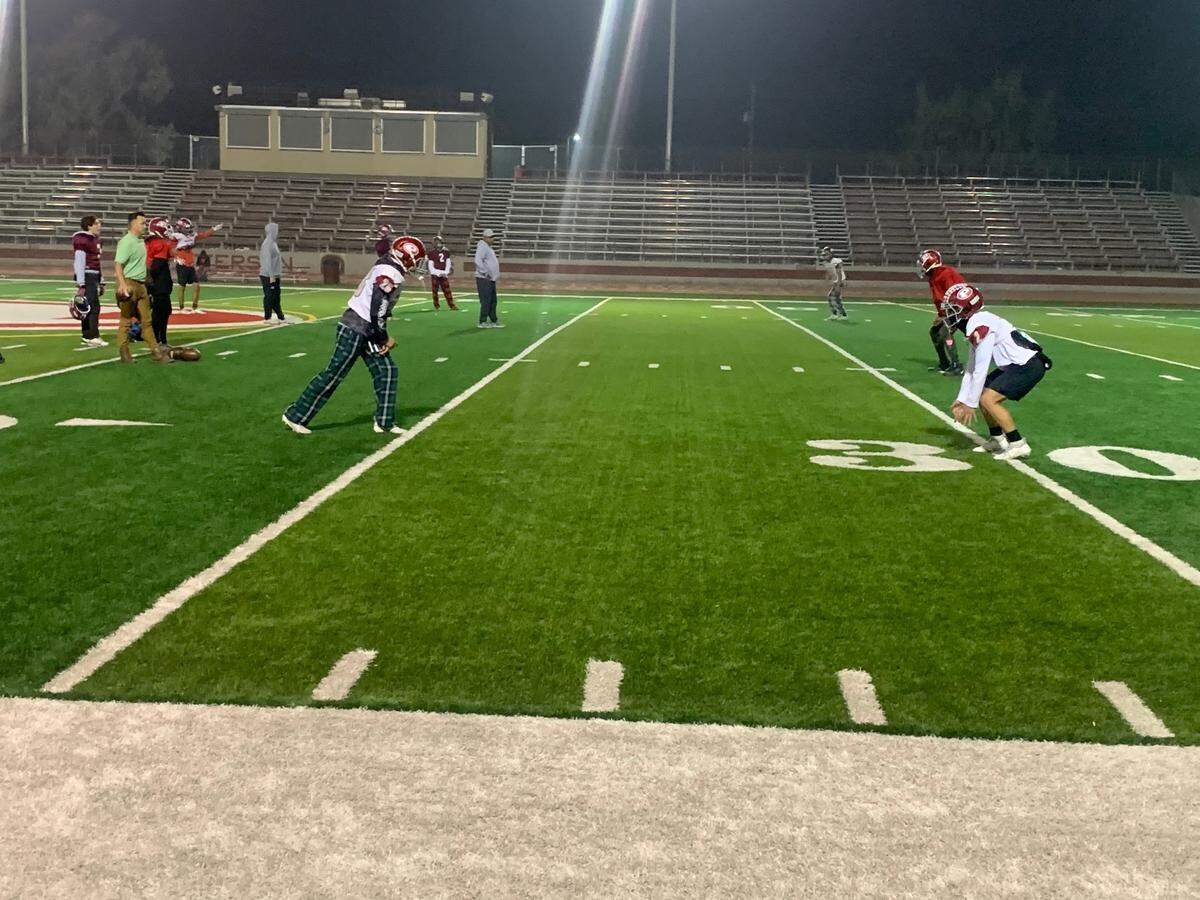 Patterson High School receivers and defensive backs practice against each other on Monday, Nov. 15, 2021.