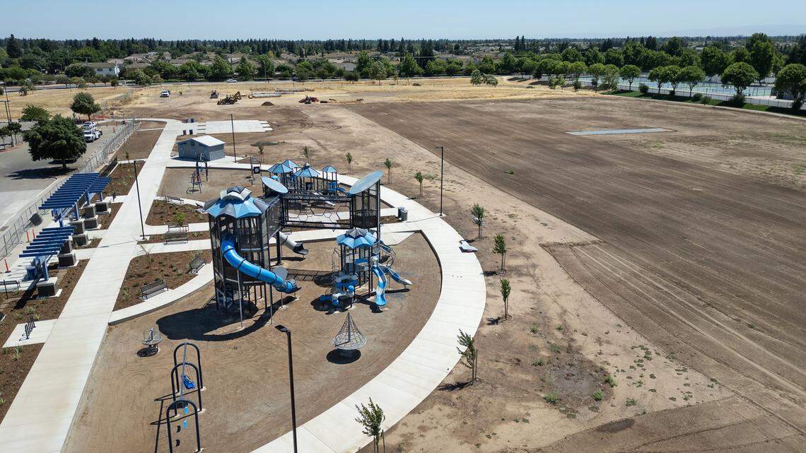 Expansion of the Mary Grogan Community Park includes a new play structure and a cricket pitch in Modesto, Friday, June 20, 2025.