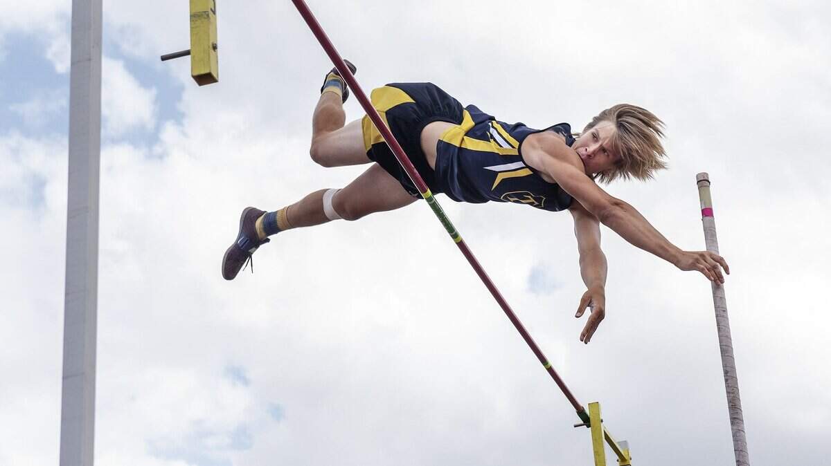 Turlock vaulter Silas Fredeen clears 15’ during the Central California Athletic League Championships at Turlock High School in Turlock, Calif., Tuesday, April 30, 2019.