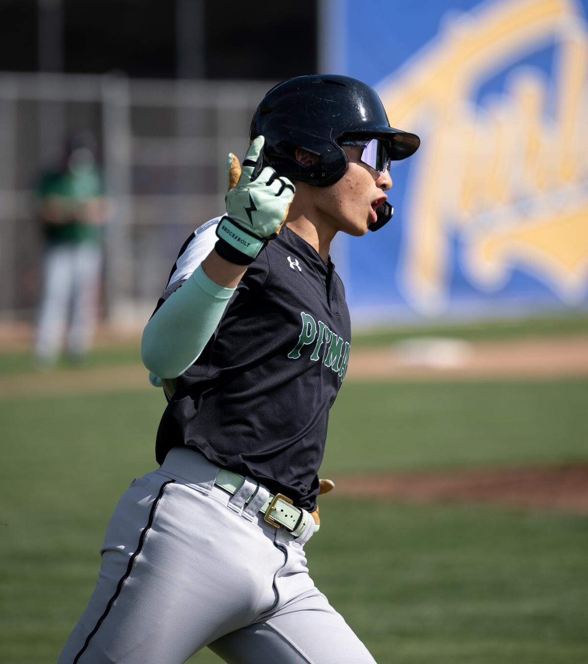 Pitman’s Nathan Cervantes singles during the California Athletic League game with Turlock at Turlock High School in Turlock, Monday, April 14, 2025.