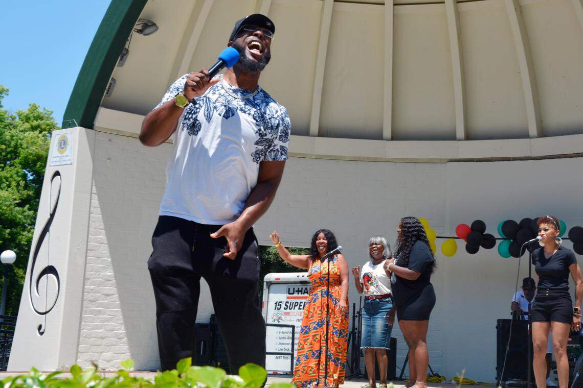 LA Jackson from Victory in Praise church in Modesto sings during the city’s annual Juneteenth celebration in Graceada Park on Saturday, June 17, 2023.