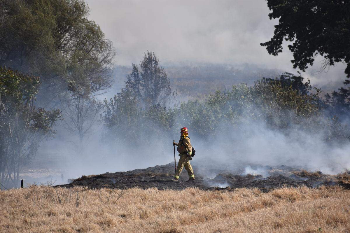 Firefighters from across Stanislaus County battle a vegetation fire near Modesto’s airport neighborhood on Monday afternoon, May 2, 2022.