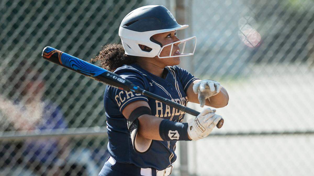 Central Catholic’s Jojo Roberts hits a solo homerun during the Valley Oak League game with Escalon at Escalon High School in Escalon, Calif., on Thursday, April 22, 2021. Central Catholic won the game 1-0.
