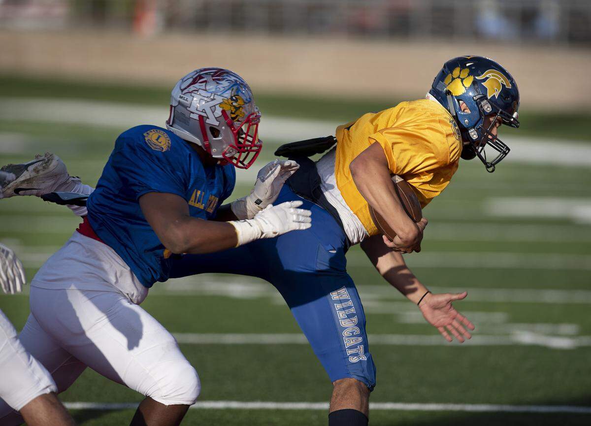 South quarterback Jonah Kosakiewicz (Turlock) scores a touchdown on a short run during the Central California Lions All-Star Football game at Lincoln High School in Stockton, Calif., Saturday, June 15, 2019.