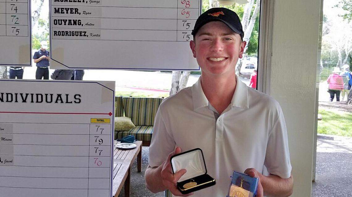Oakdale sophomore Ryan Meyer poses for a photo after winning the CIF State NorCal Golf Individual Golf Championship on Monday, May 20, 2019 at the El Macero Country Club in El Macero, California. Meyer will compete in the CIF State Championships on Wednesday at Poppy Hills Golf Course in Pebble Beach.