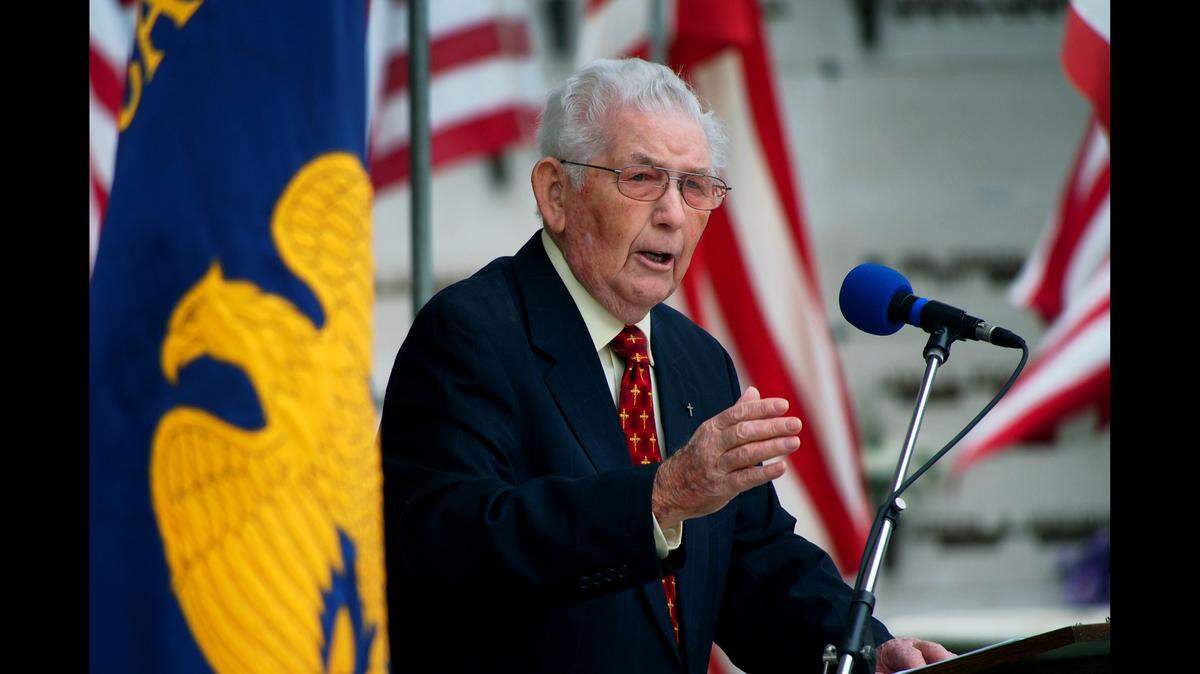Pastor Adrian Condit, then 85, of Freewill Baptist Church in Ceres, energizes the crowd as one of the featured speakers at the Veterans Memorial Day Service at Lakewood Memorial Park, Monday, May 27, 2013.