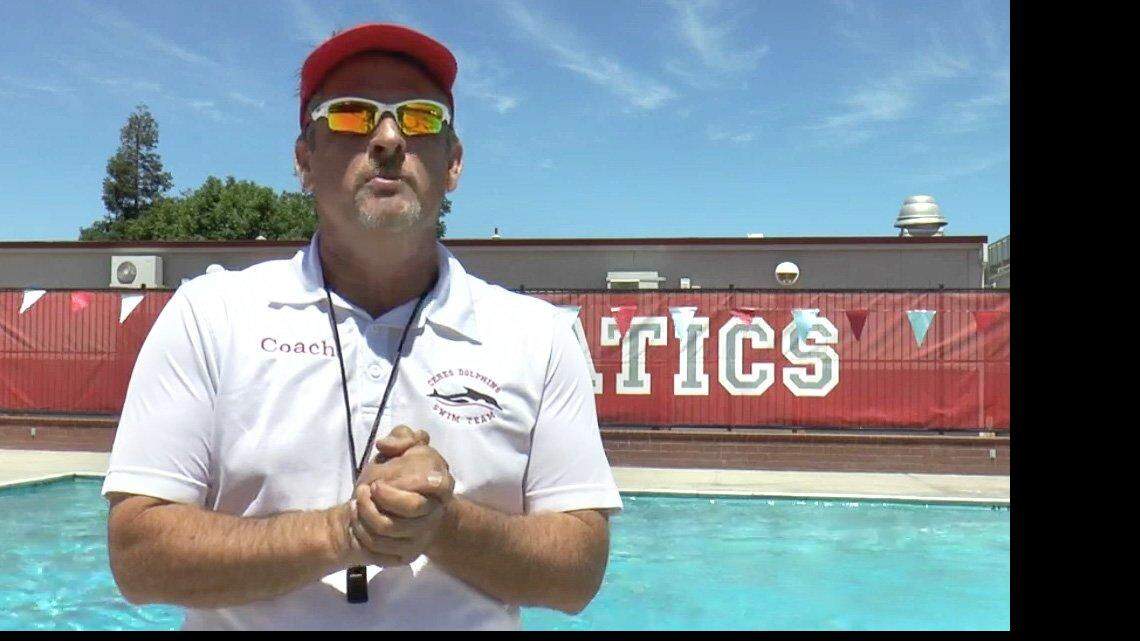 Ceres Dolphins swim coach Tracy Bull is pictured last month at a swim practice in Ceres, Calif.