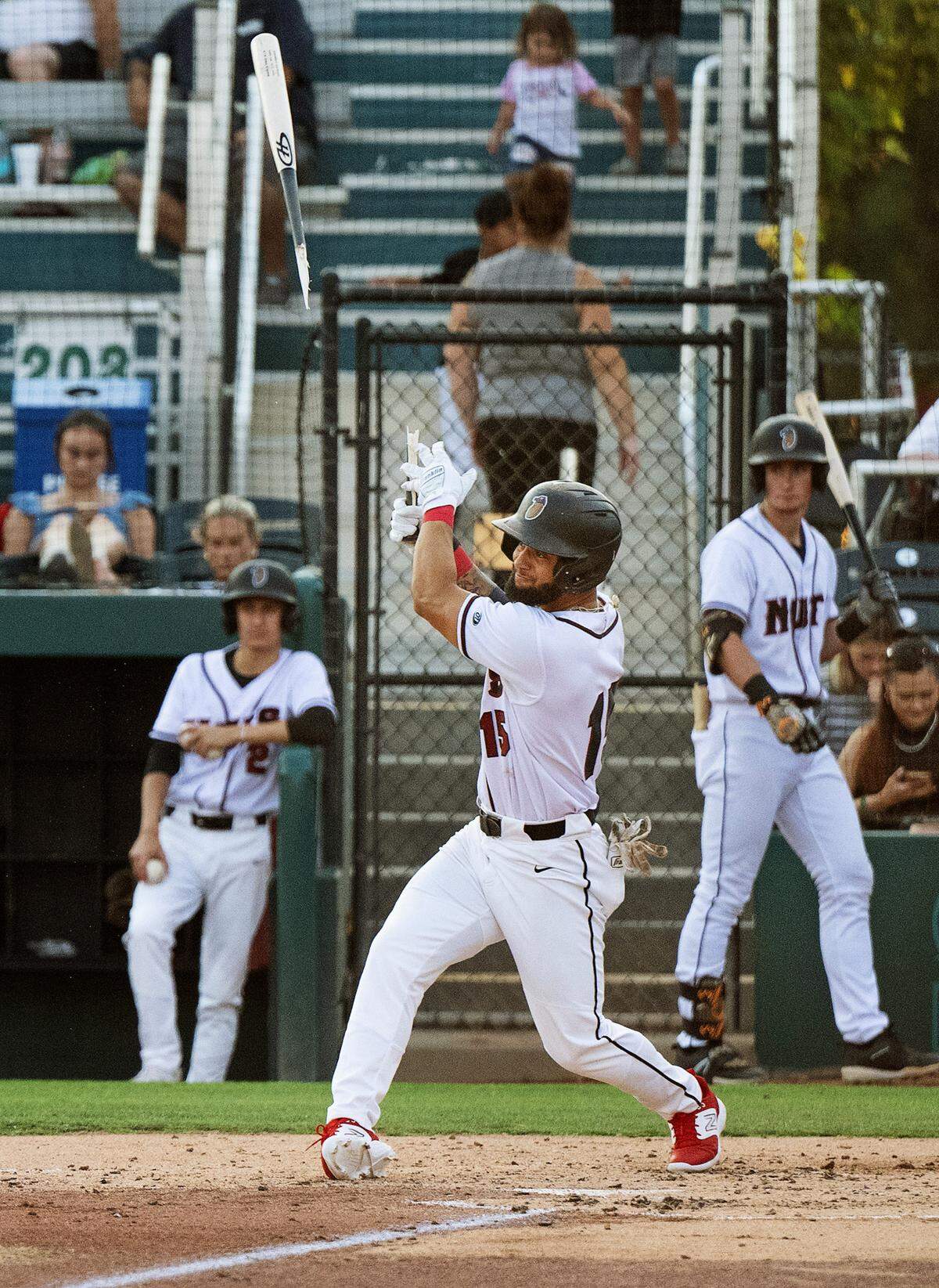 Modesto Nuts’ Carlos Jimenez breaks a bat during the game with the Stockton Ports at John Thurman Field in Modesto, Calif., Friday, July 19, 2024.
