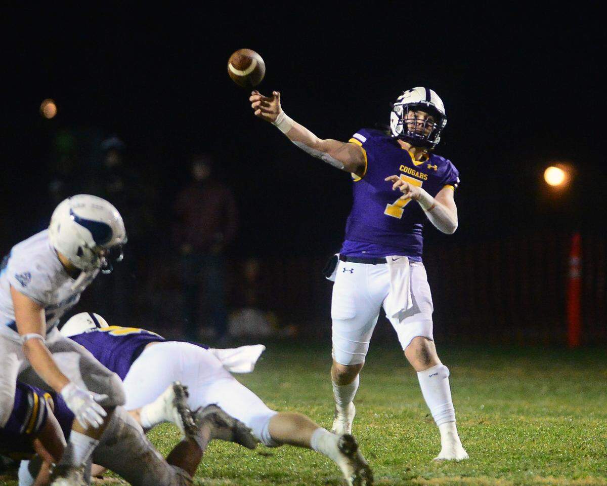 Escalon quarterback Donovan Rozevink (7) throws a pass during the 2022 CIF NorCal Division 4-AA Bowl Game between Escalon High School and Pleasant Valley High School at Escalon High School in Escalon CA on Dec. 2, 2022. Escalon won the game 42-20.